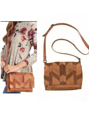 Lucky Brand Axil Leather Crossbody Purse Patchwork Bag Cognac Brown Boho Indie